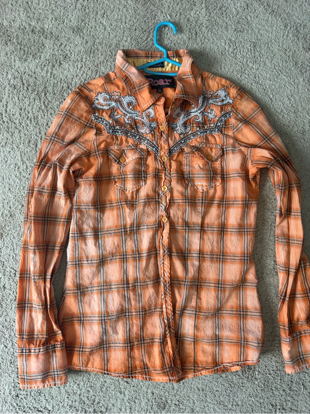 Roar Orange Plaid Embroidered Women’s Shirt